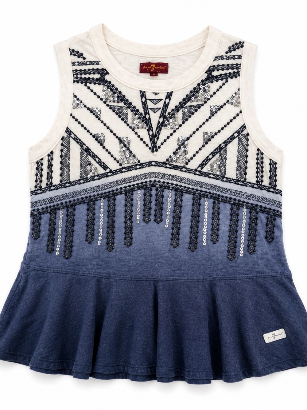 7 For All Mankind Girls M Embellished Peplum Tank Blue Ivory